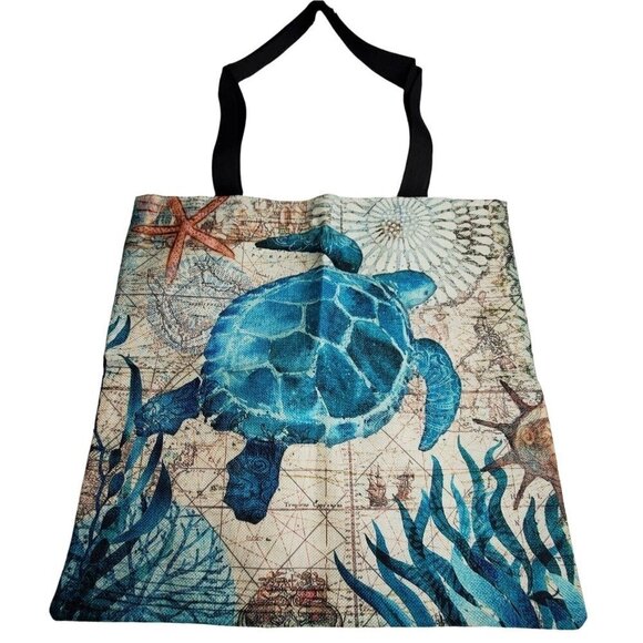 Sea Turtle Backround Map 100 % Linen  Shopping Bag Tote - Picture 1 of 1